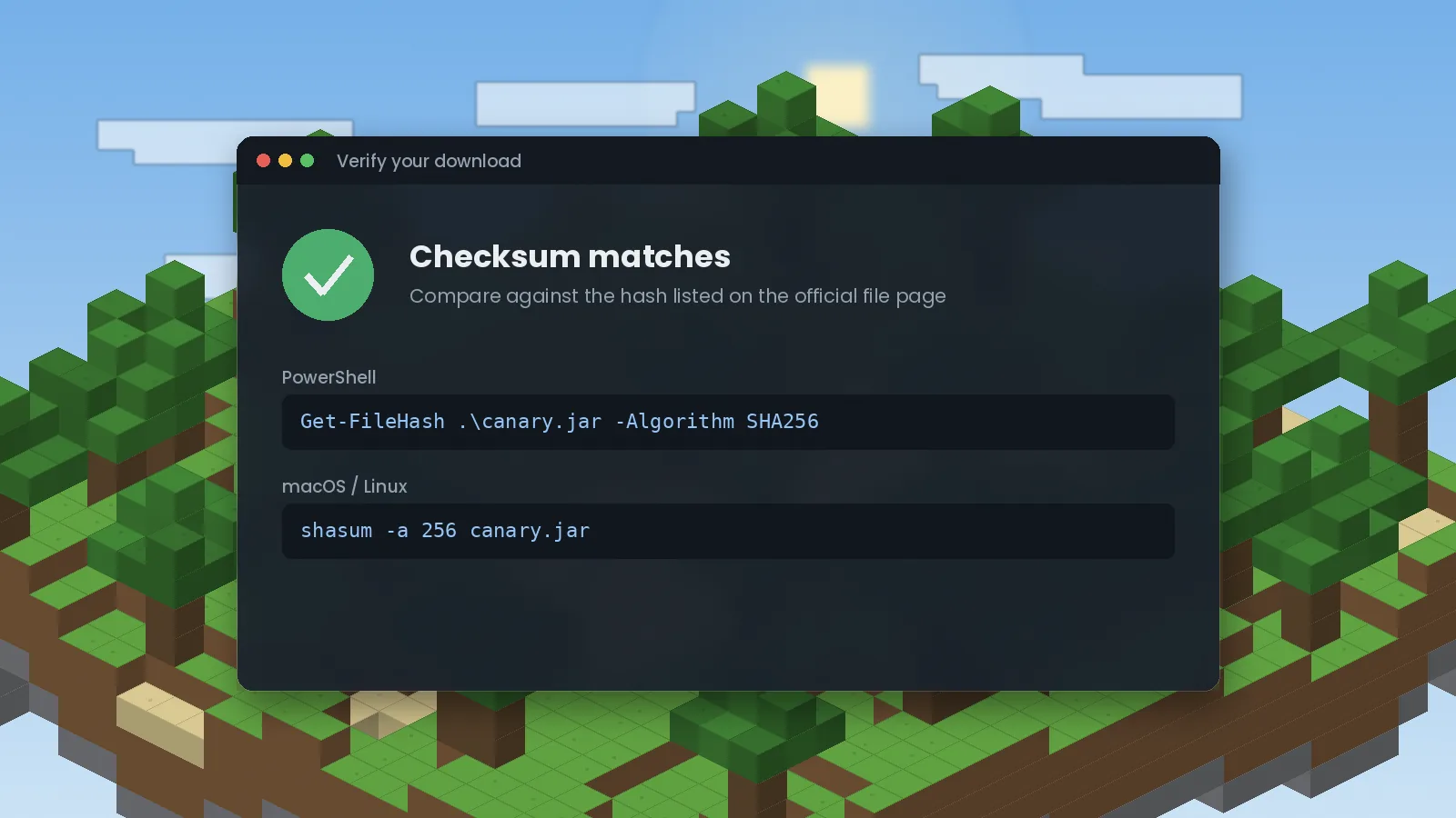 Checksum verification window showing a matching SHA256 hash for the Canary jar with PowerShell and shasum commands