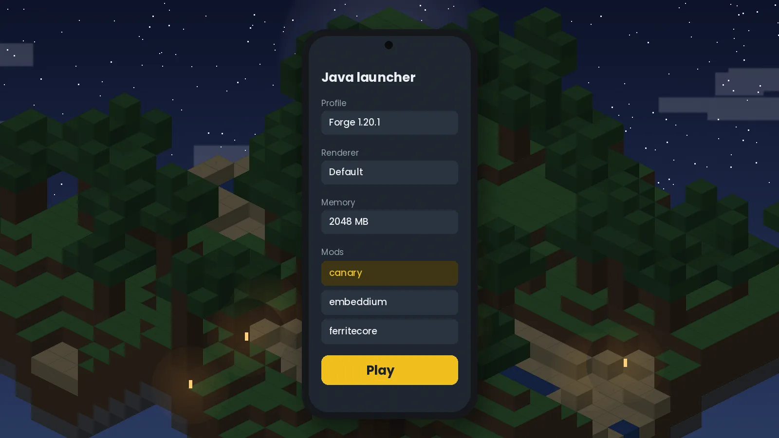 Android phone running a community Java Edition launcher with Canary enabled