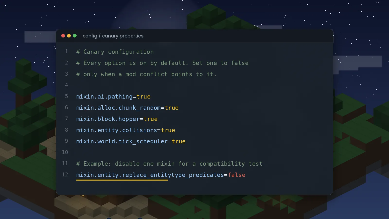 Code editor showing Canary Mod configuration options