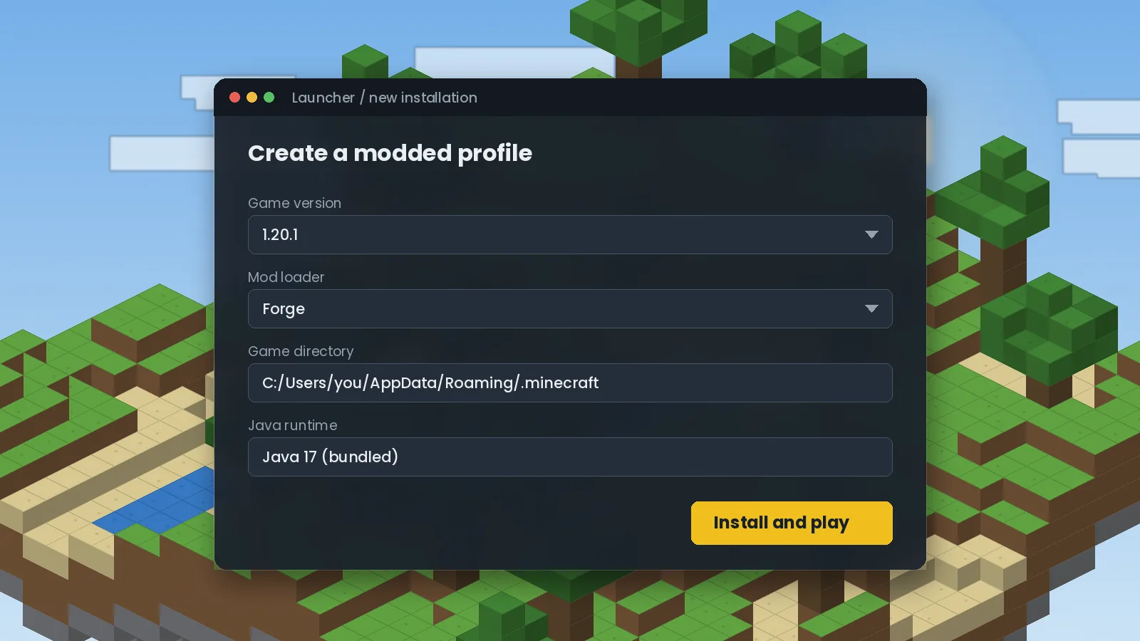 Minecraft launcher creating a Forge 1.20.1 profile