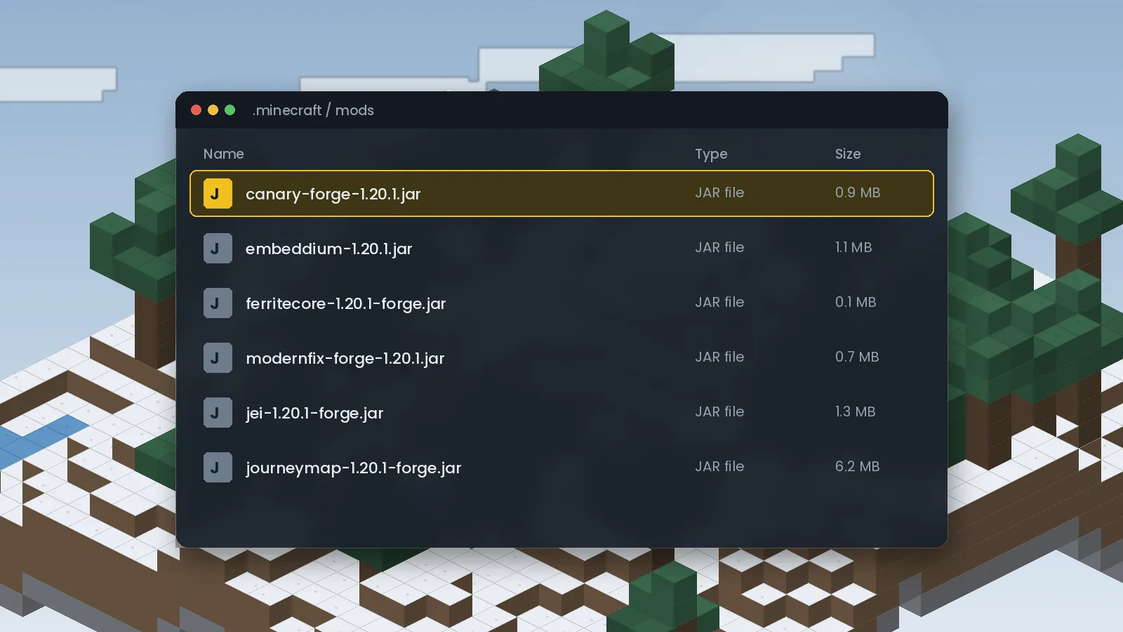 Minecraft mods folder with the Canary jar highlighted