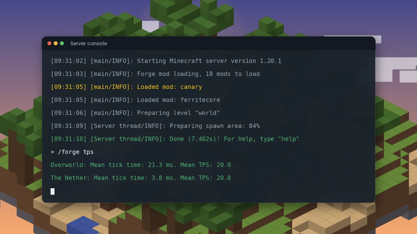 Server console confirming Canary loaded and reporting 20 TPS