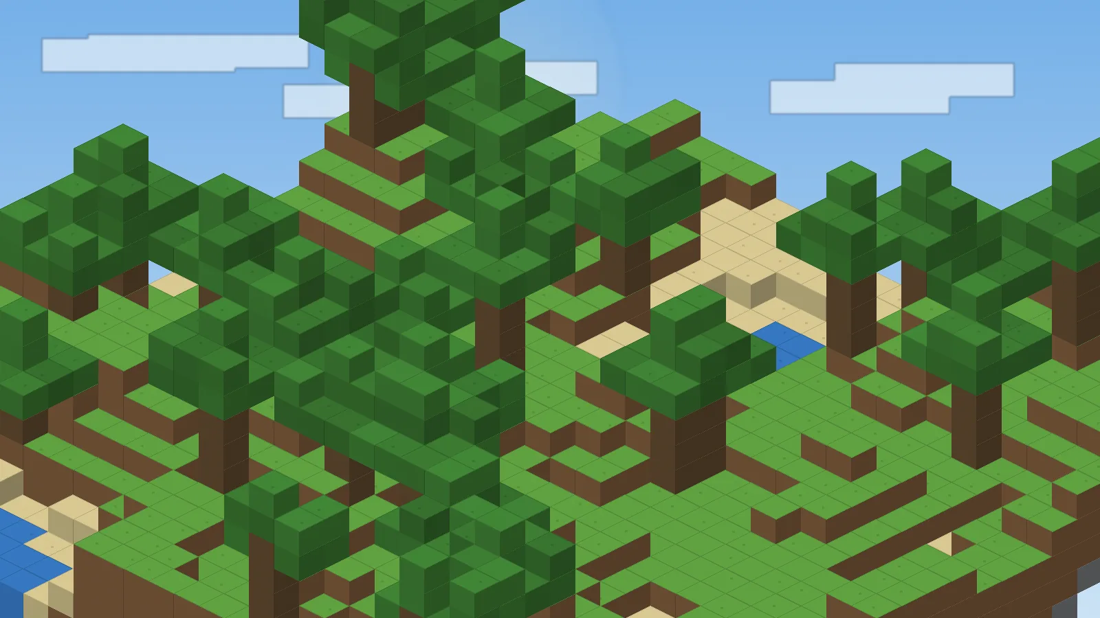 Isometric voxel landscape with forest, hills and water representing a Minecraft world