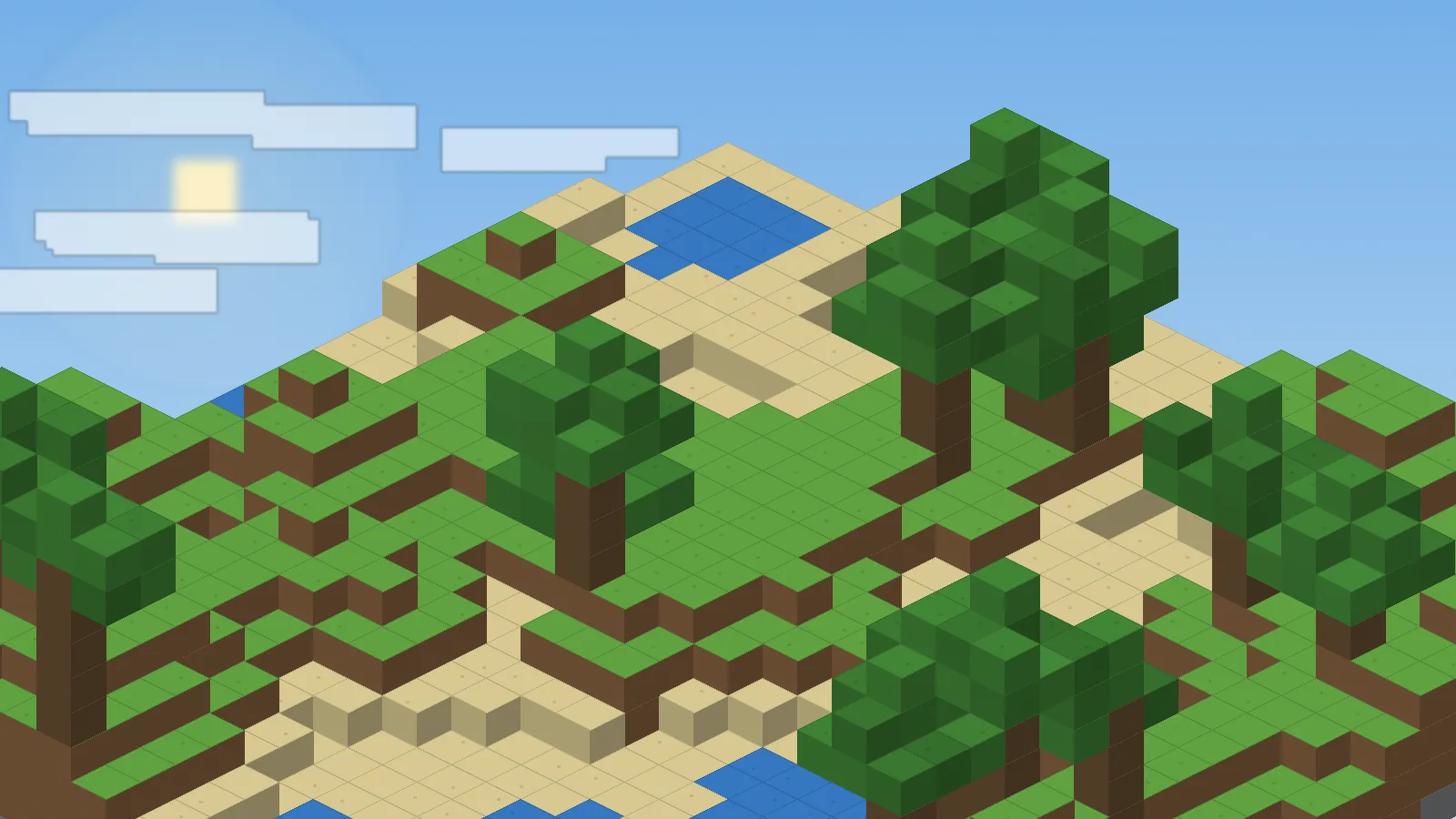 Isometric voxel landscape with forests, grass terraces and water, representing a Minecraft world running Canary Mod