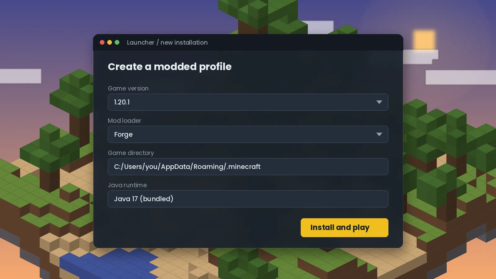 Minecraft launcher window creating a new Forge 1.20.1 installation profile with Java 17