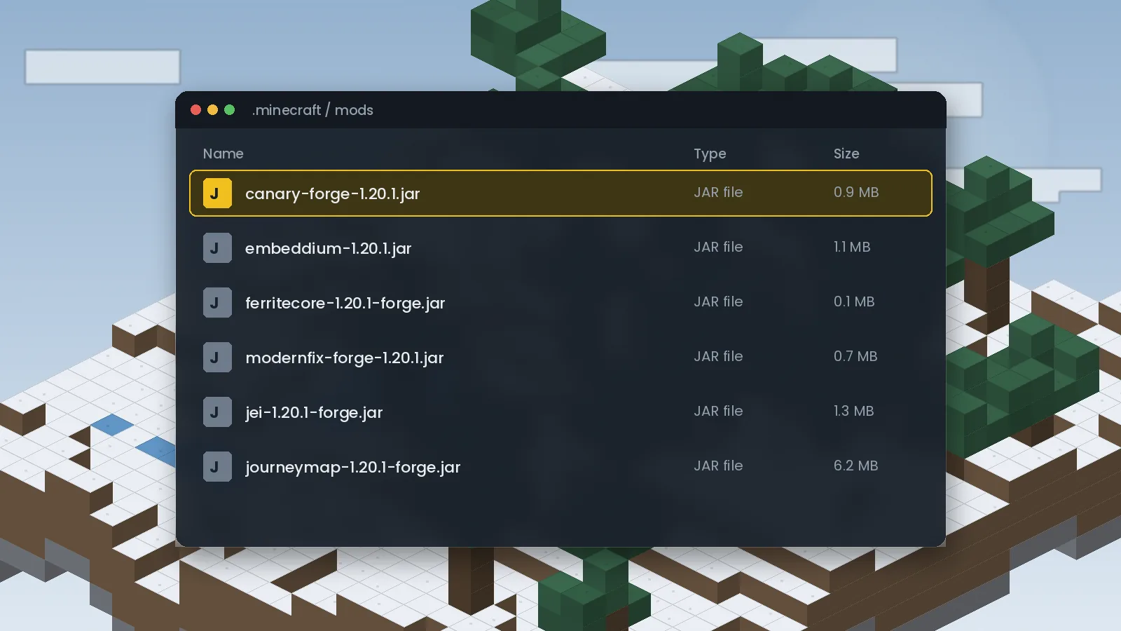 Minecraft mods folder showing the Canary jar file highlighted next to Embeddium, FerriteCore and ModernFix