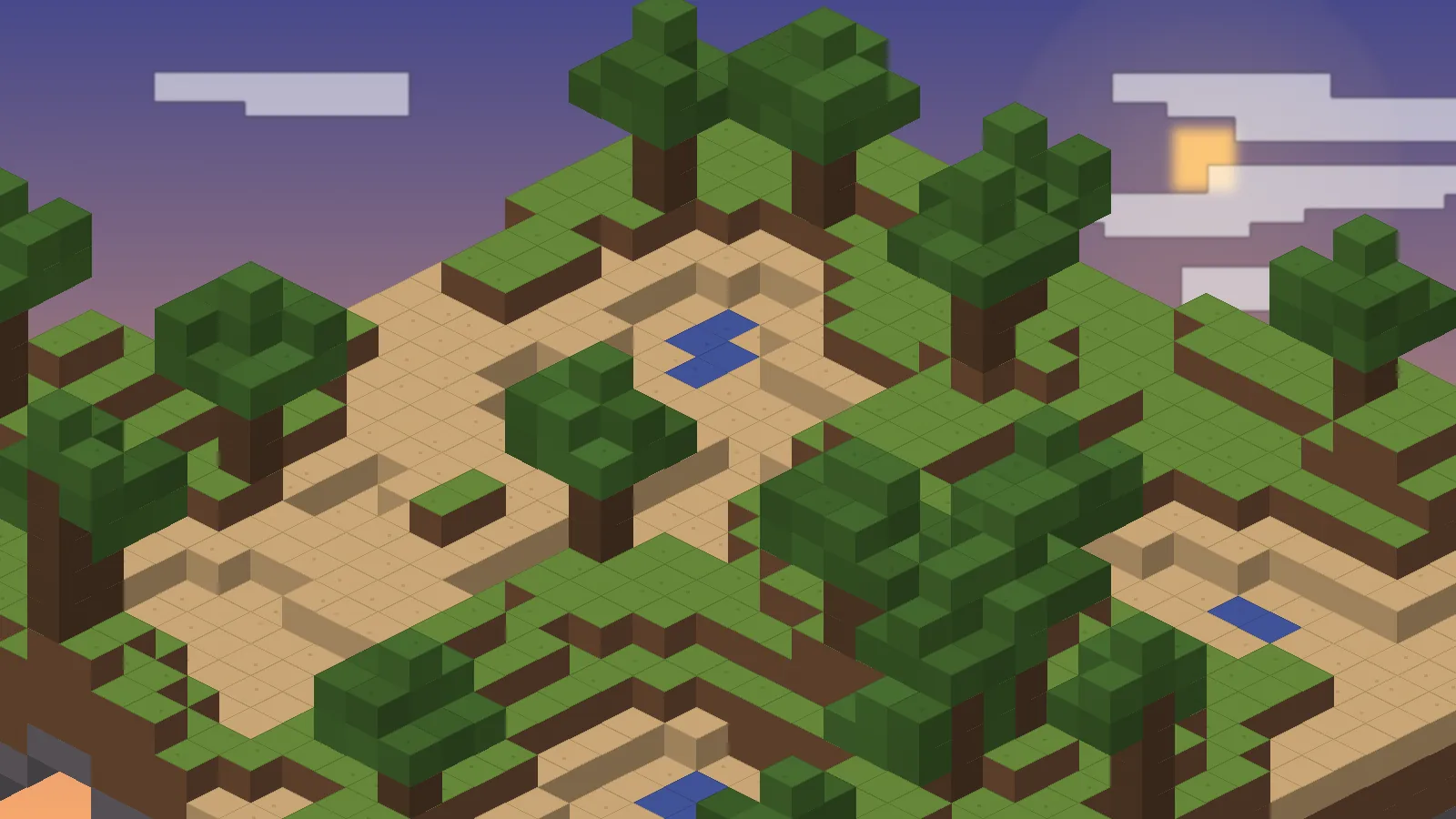 Sunset over an isometric voxel landscape with trees and hills, illustrating Minecraft 1.21 worlds