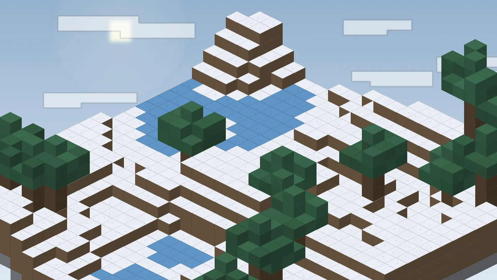 Snowy isometric voxel landscape with spruce trees and frozen water, evoking classic Minecraft modpacks
