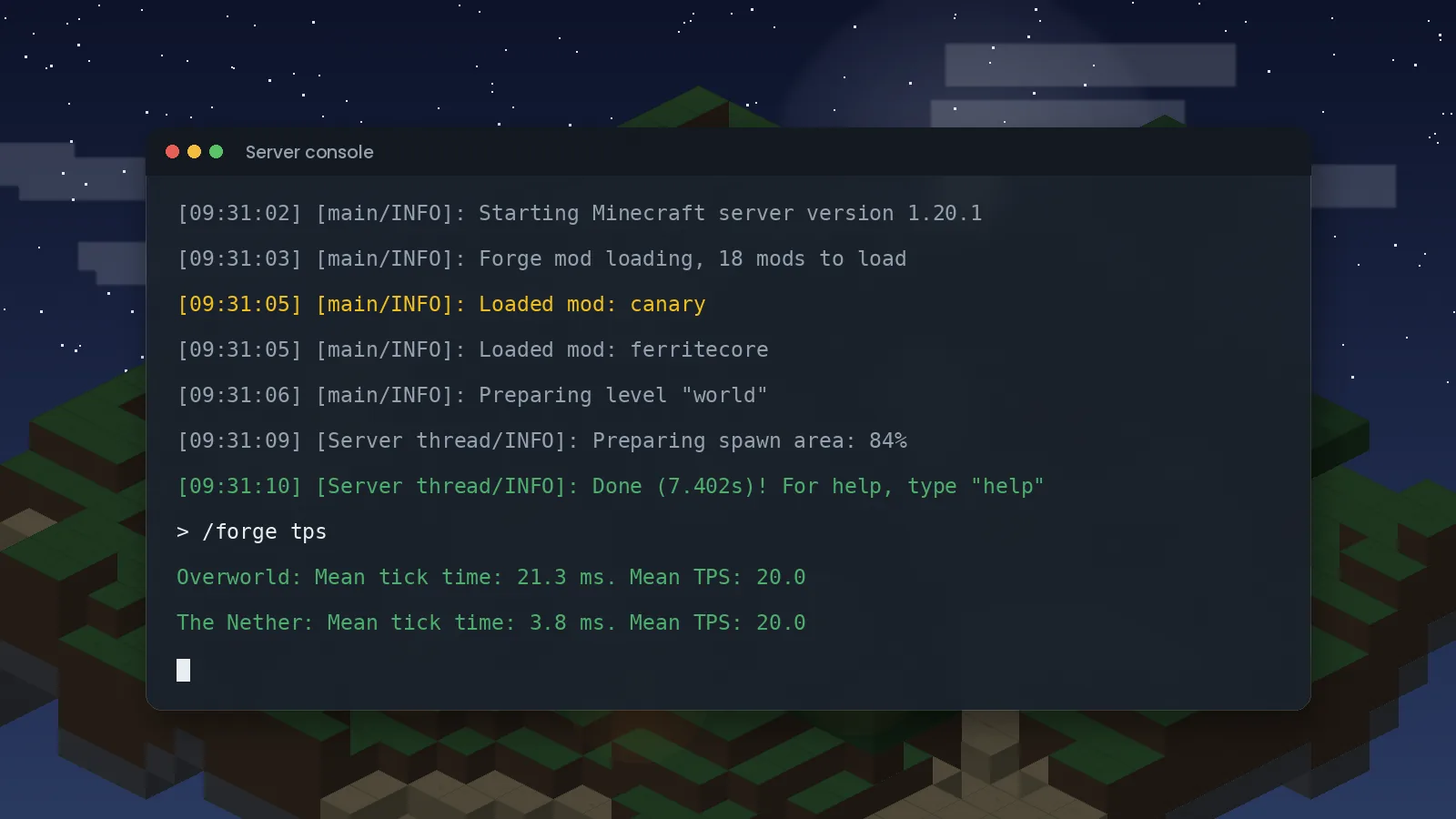 Minecraft server console log showing Canary loaded on startup and a TPS check reporting 20 TPS