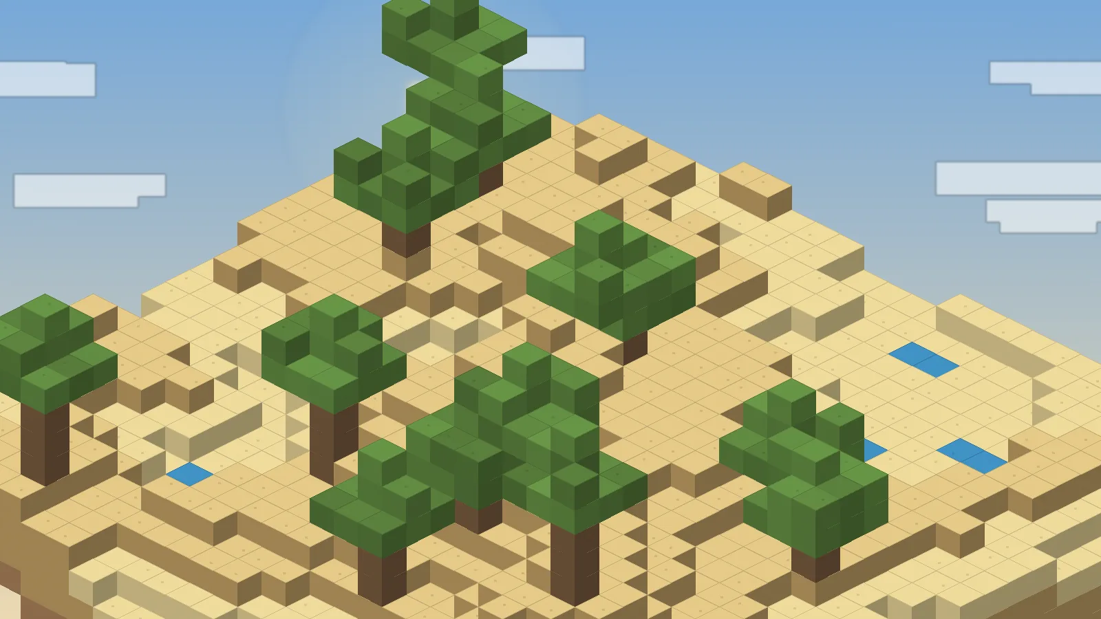 Desert-toned isometric voxel landscape with sand terraces and oasis water, representing different Minecraft mod loaders