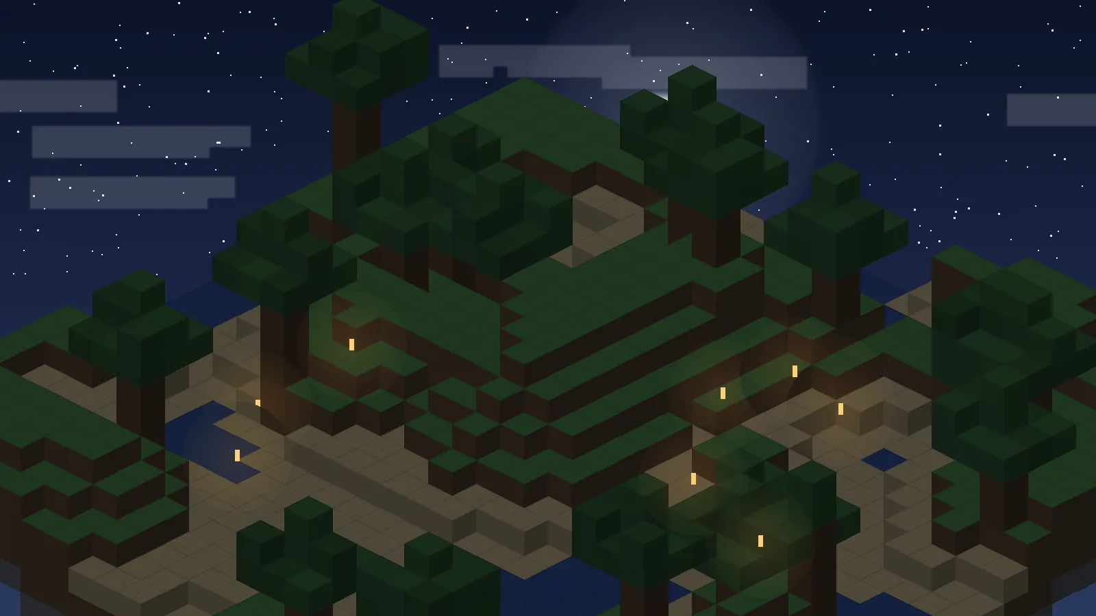 Night-time isometric voxel landscape lit by torches, representing tuning Minecraft performance settings