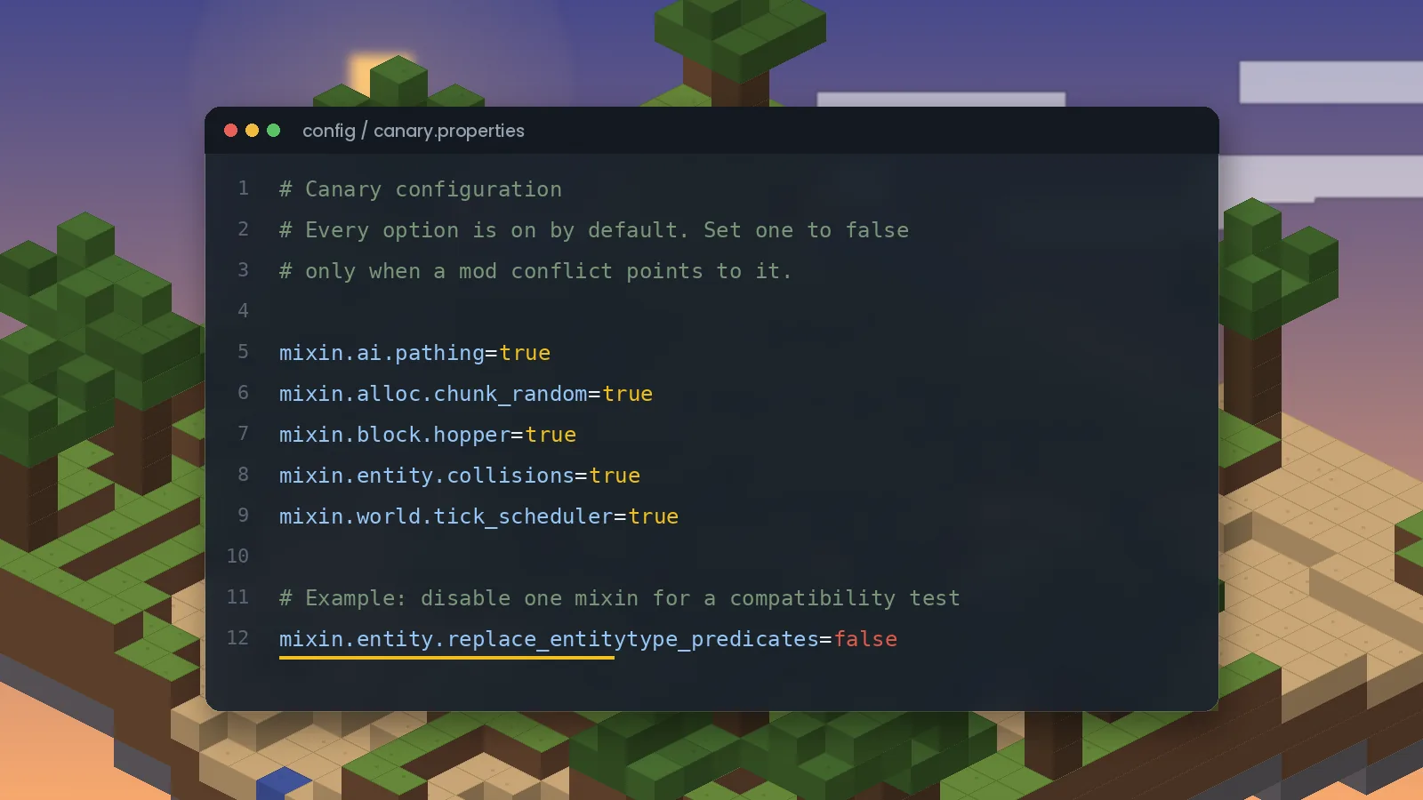 Code editor showing the canary.properties file with mixin options set to true and one option set to false