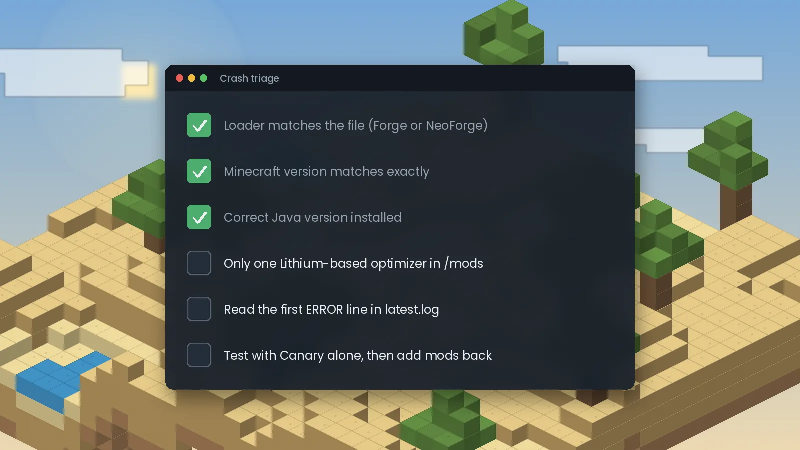Crash triage checklist on screen confirming loader, Minecraft version and Java version before checking mod conflicts