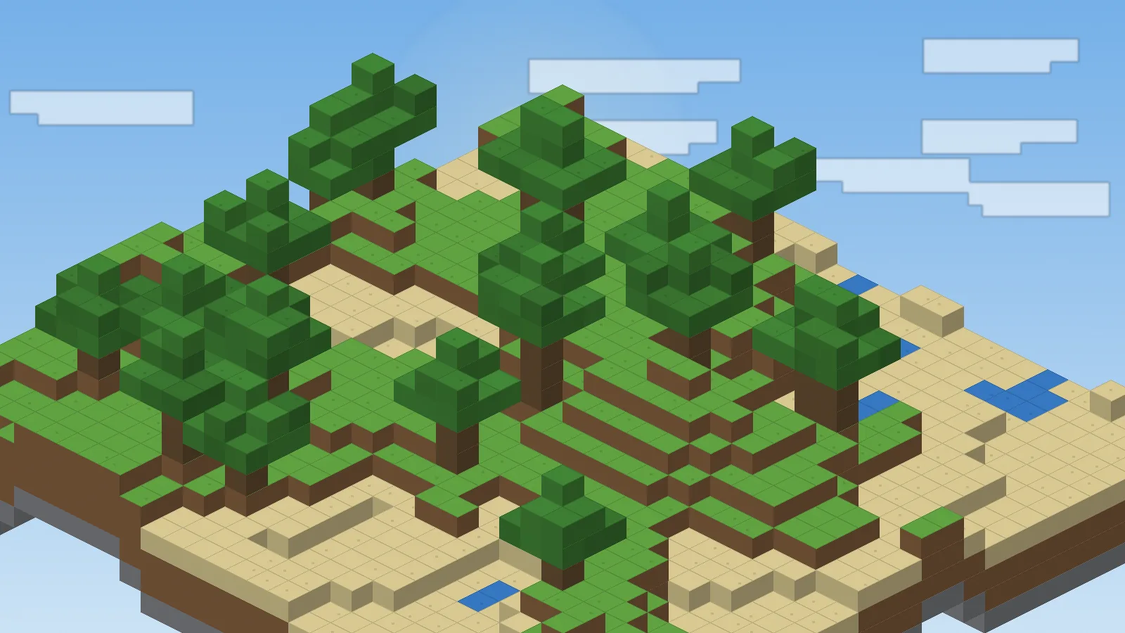 Wide isometric voxel landscape with dense forest, hills and rivers, representing a large modded Minecraft world